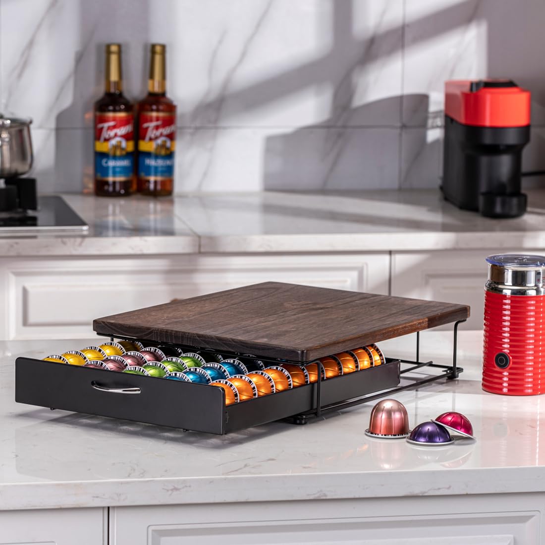 FlagShip for Nespresso Pod Holder Vertuo Pod Drawer Coffee Pod Storage for Vertuo Pod with Elegant Wood Top(50 Pods Capacity)