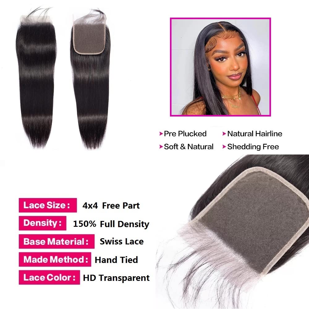 10A Brazilian Straight Human Hair 3 Bundles with Closure 16 18 20+14 Inch 100% Unprocessed Straight Virgin Hair Weave Bundles Human Hair with 4x4 HD Lace Closure