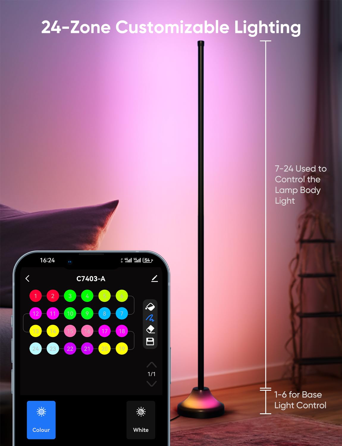 APPECK Smart RGBW Floor Lamp, 1000 lm LED Standing Lamp with APP Control, Dimmable Modern Corner Floor Lamp for Living Room, Bedroom, Compatible with Alexa
