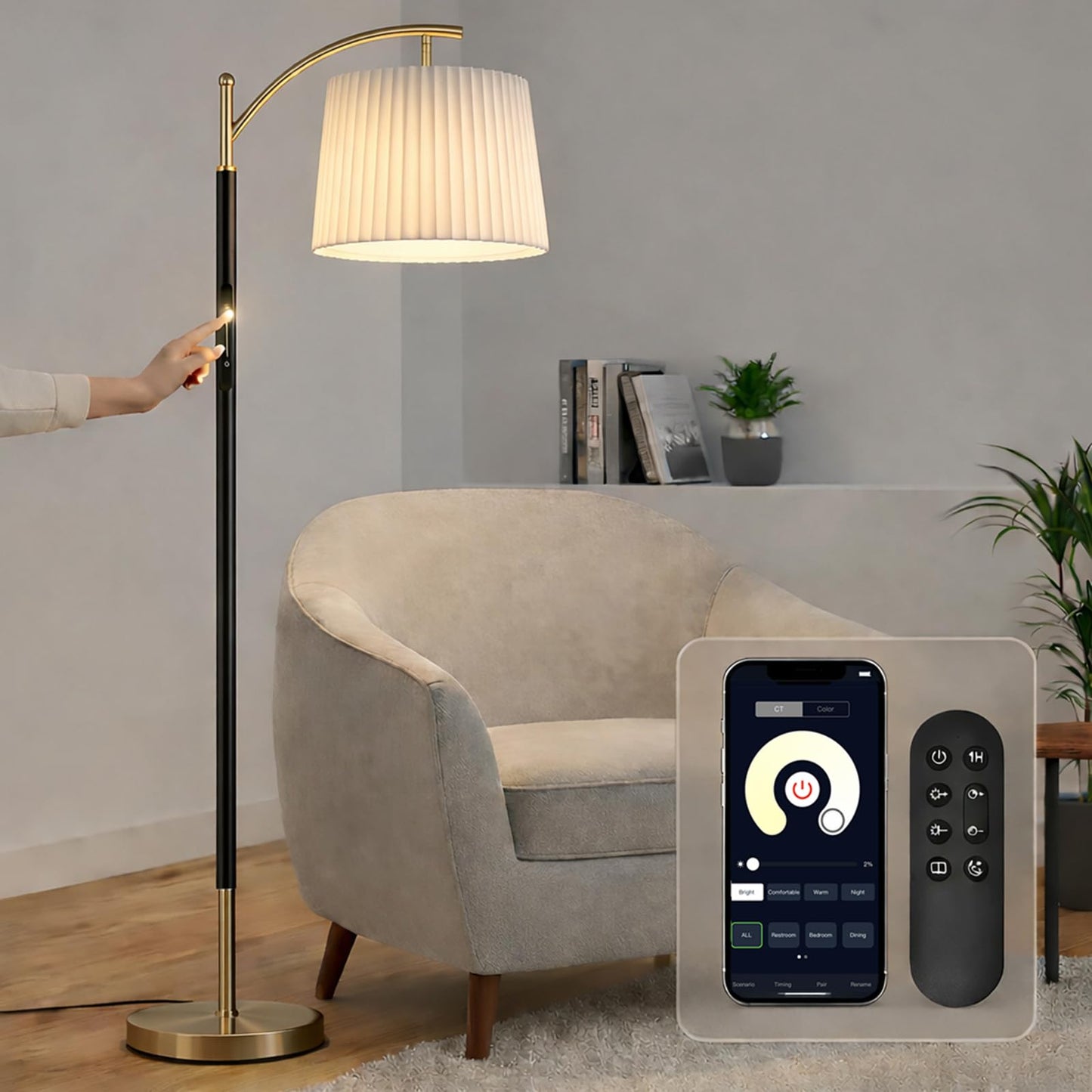 Etto Modern Dimmable Floor Lamp with Fabric & Pleated Shades, Remote & Touch Control, Adjustable Brightness & Color Temperatures, Tall Standing Lamp for Living Room Bedroom Office (Black Gold)