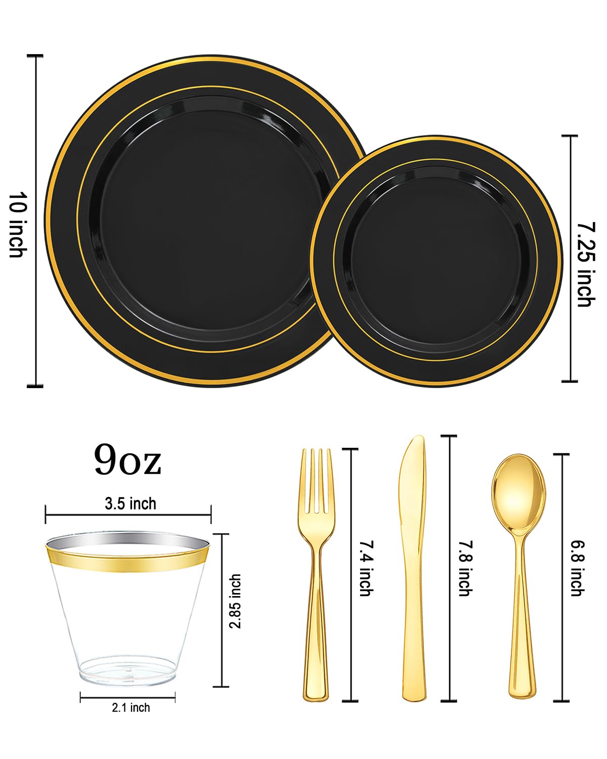 bUCLA 300PCS Black and Gold Disposable Dinnerware Set - 50 Guests Black Plastic Plates with Gold Rim Include 50 Dinner / 50 Dessert Plates, 50 Forks,50 Knives,50 Spoons&50 Cups for Party&Graduation