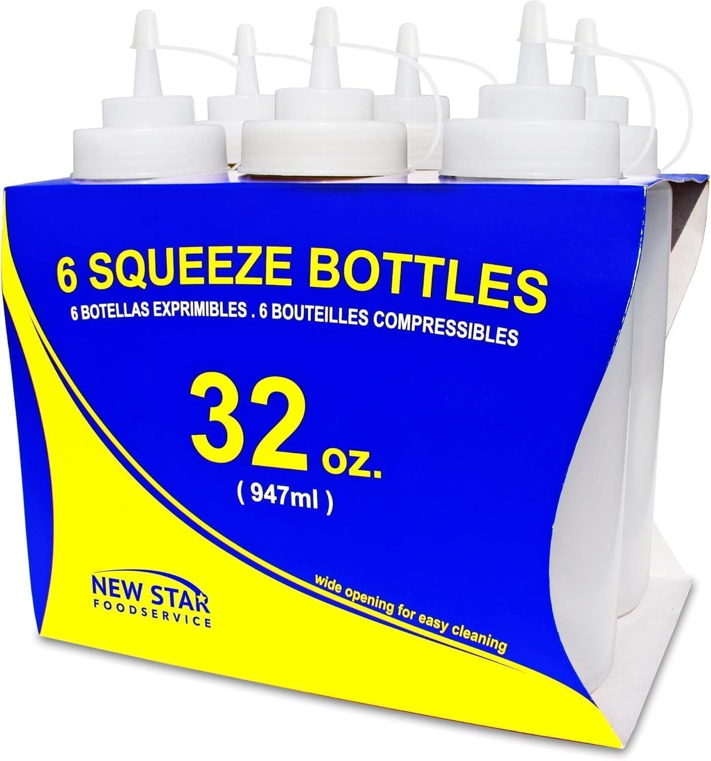 New Star Foodservice 32 oz Clear Squeeze Bottle, Wide Mouth, Pack of 6