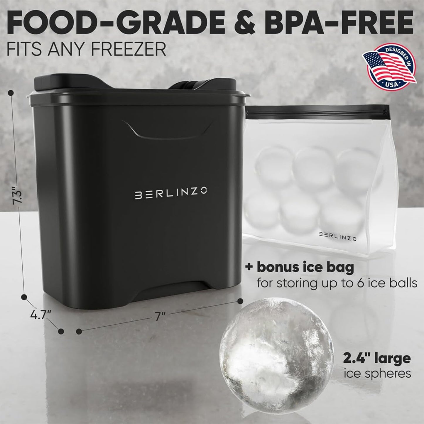 Berlinzo Premium Clear Ice Ball Maker Mold - Best Gift for Dad & Whiskey Lover - 2 Large 2.4" Crystal Clear Round Balls - Easy-to-Remove Ice Sphere Mold - Storage Bag Included (Non-Electric)