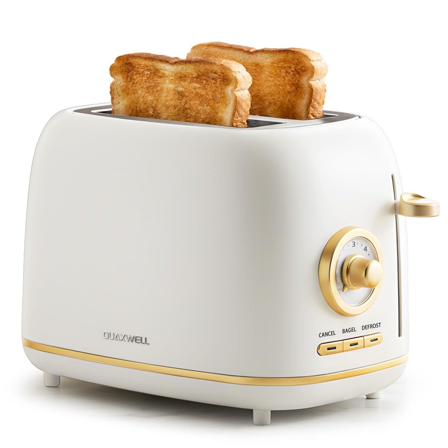QUAXWELL 2-Slice Toaster, Wide Slots, 7 Bread Shade Settings, Stainless Steel, Bagel, Cancel, and Defrost Functions, Removable Crumb Tray, Retro Style Toaster,Matte White and Gold