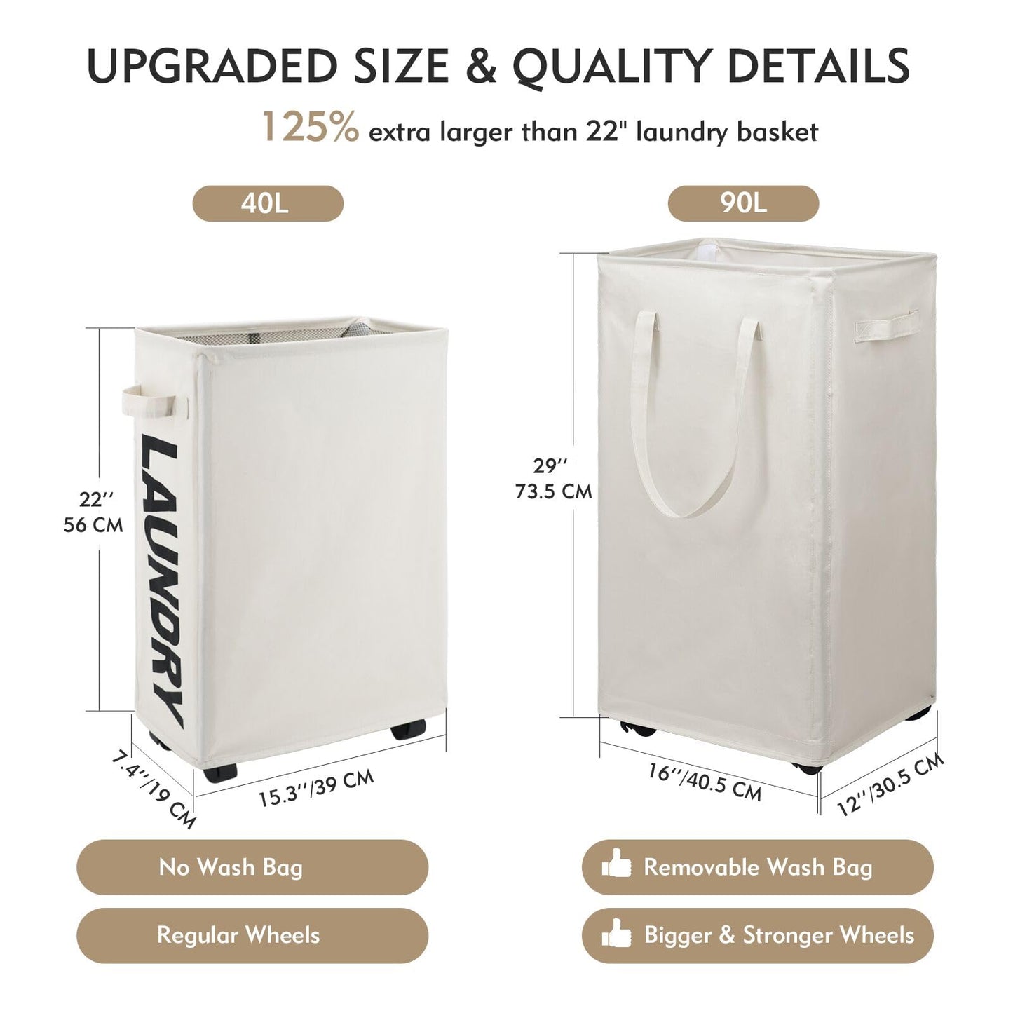 DOKEHOM 90L X-Large Laundry Basket with Removable Wash Bag on Wheels, Collapsible Rolling Laundry Hamper, Foldable Clothes Organizer, Folding Washing Bin (Beige)