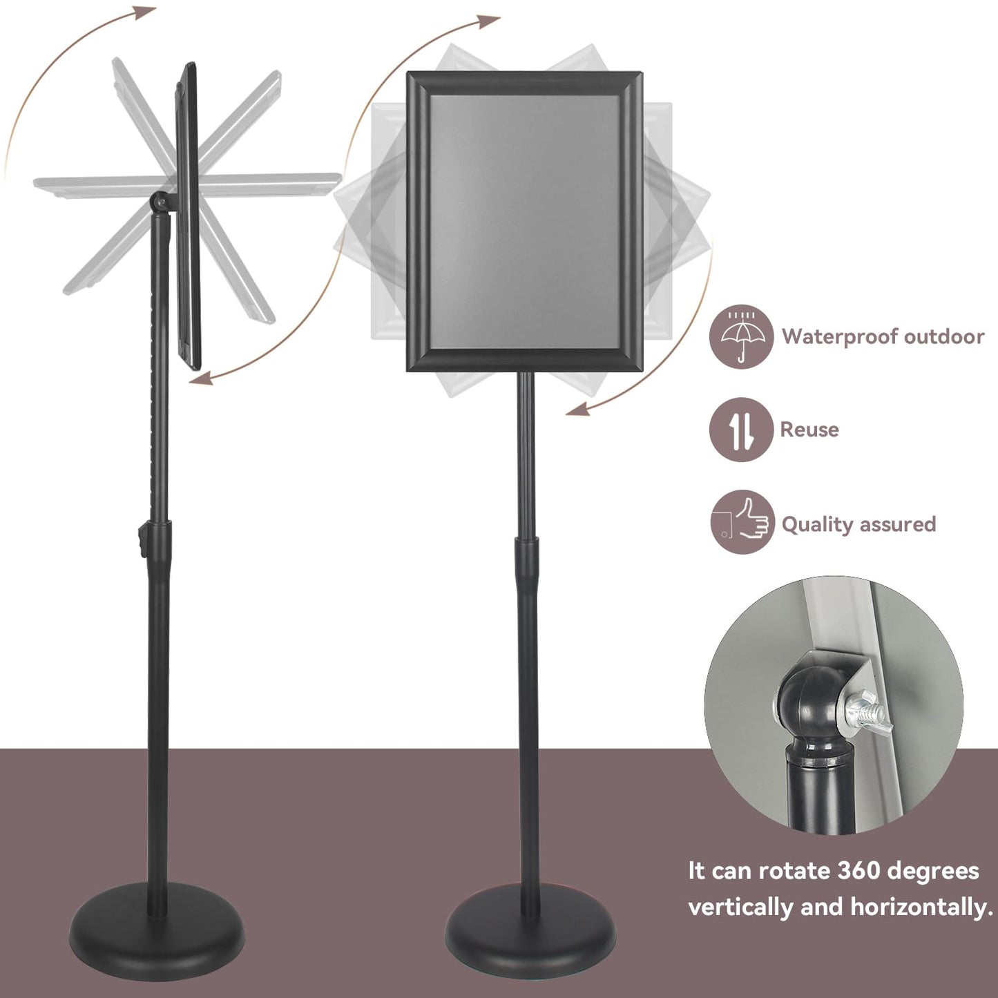 YDisplay Adjustable Sign Holder Stand with Base 11x17inches Aluminum Snap Open Frame Pedestal Sign Stand,Vertical and Horizontal View Sign Displayed, Round Base for Church Shool Office,Black