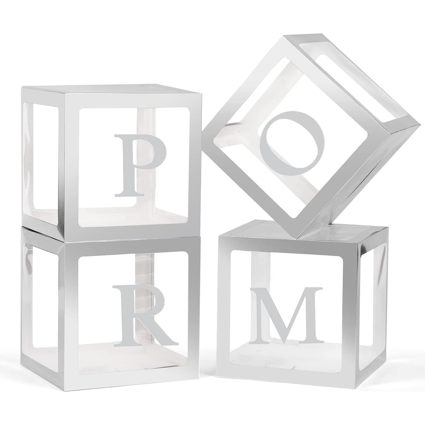4 Pcs Prom Boxes with Letters 11.8 x 11.8 x 11.8 Inch Clear Prom Balloon Boxes Sliver for Prom Decorations 2026