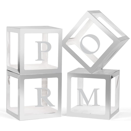 4 Pcs Prom Boxes with Letters 11.8 x 11.8 x 11.8 Inch Clear Prom Balloon Boxes Sliver for Prom Decorations 2026