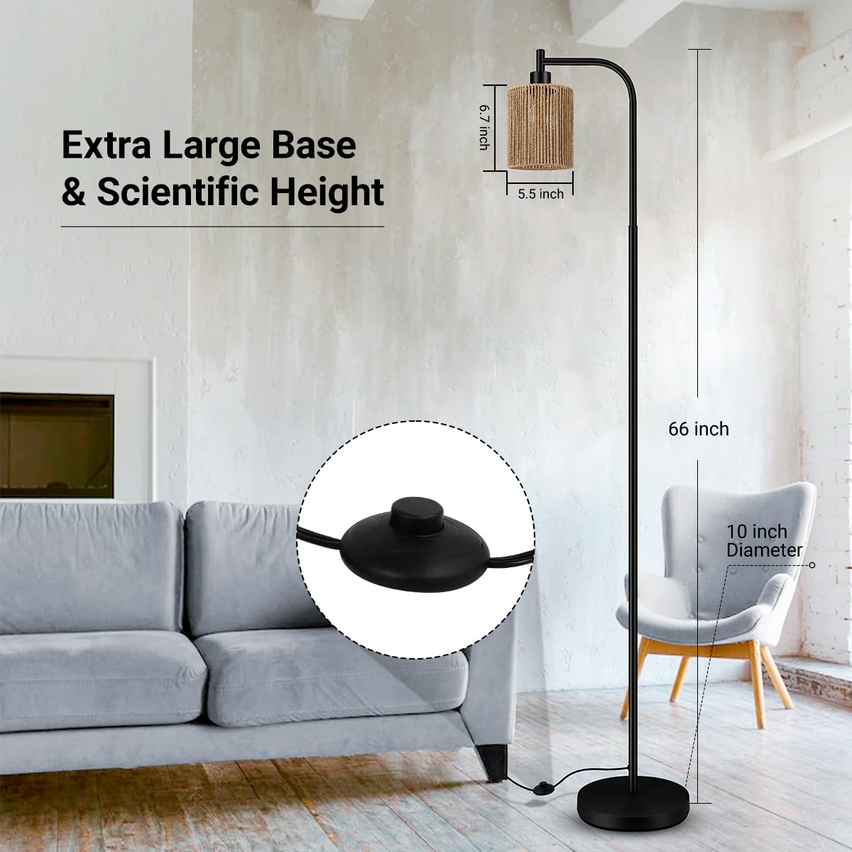 BoostArea Industrial Floor Lamp, Standing Lamp with Lampshade, 6W LED Bulb Included, Modern Floor Lamp with Foot Switch, Bright LED Lamp for Living Room and Bedroom, Office