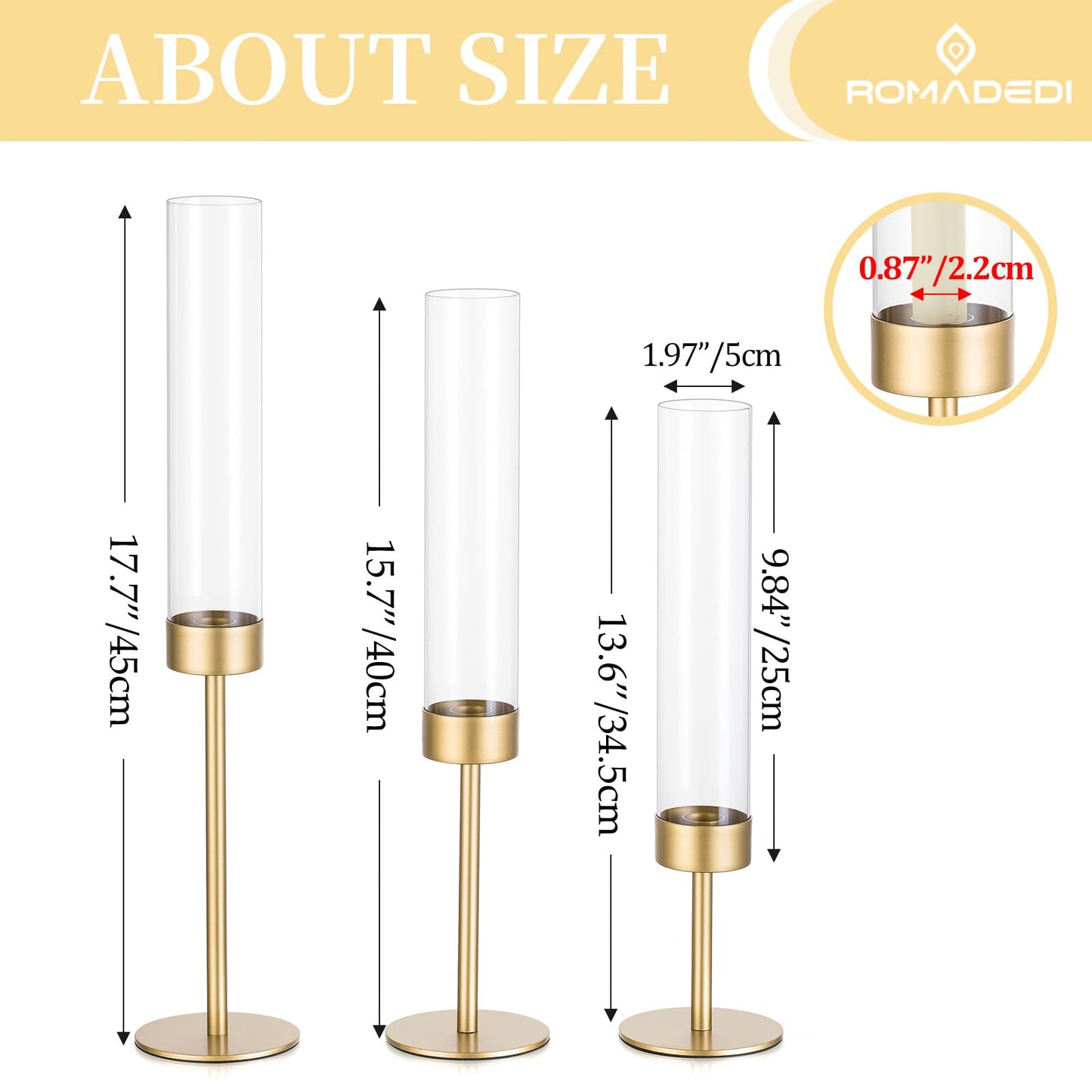 Glass Hurricane Candlestick Holders Gold - Romadedi Set of 6 Taper Candle Holder Bulk Tall Clear Glass Cylinder Table Centerpiece Wedding Decor Party Birthday Christmas Home Decorations