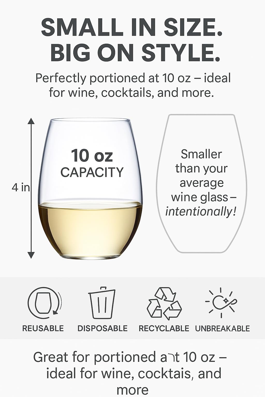 Oojami 48 piece 10 Ounce Stemless Unbreakable Crystal Clear Plastic Wine Glasses Small Size Cups (10 Ounces)