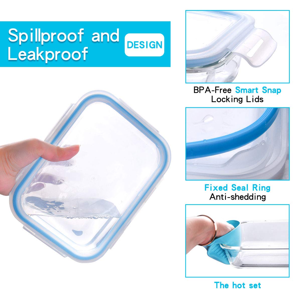 Bo-Toys 20 Pc Glass Food Storage Containers with Snap Lock Lids, Airtight & Leakproof, Bonus 2 Oven Silicone Gloves, Safe for Dishwasher, Oven, Microwave,Freezer, BPA Free