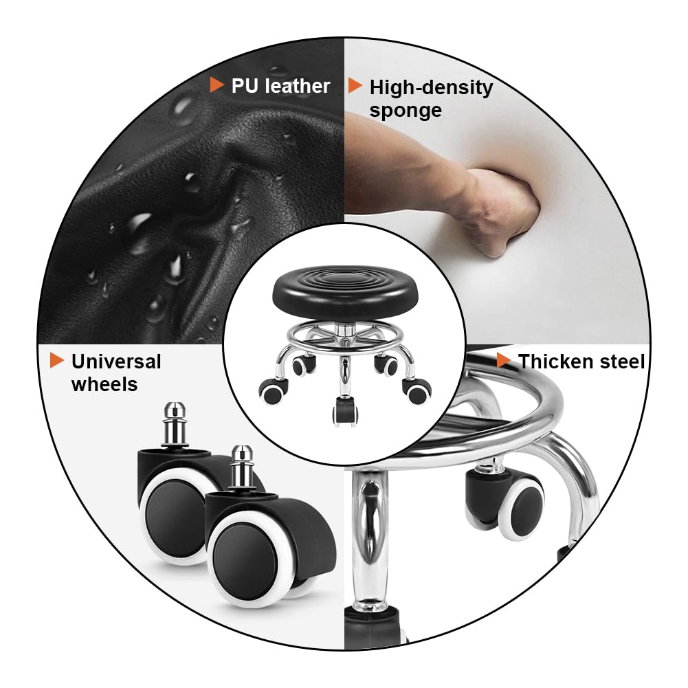 KKTONER Black Roller Seat PU Leather Rolling Stools with Wheels Nail Stool for Home Work Office Shop Step Stool (Black)