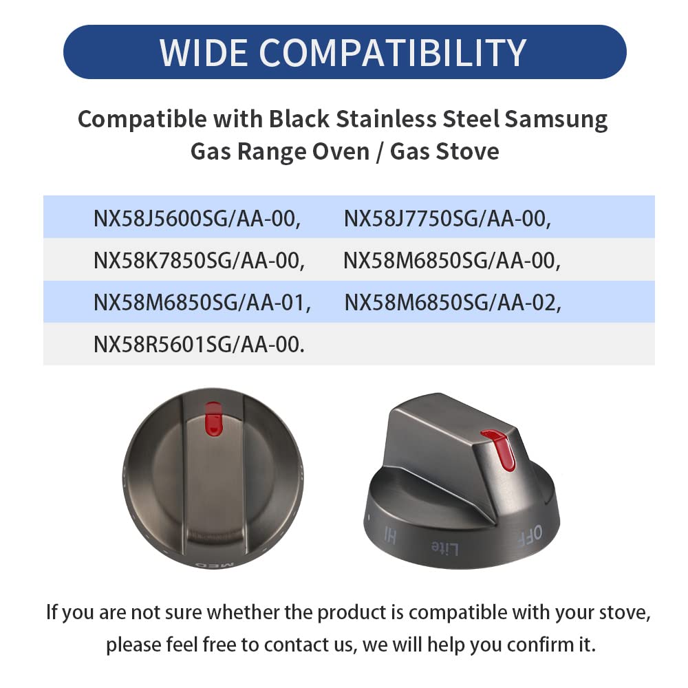 Upgraded Samsung Stove Knob Black Stainless Steel, Top Burner Control Dial, Oven Knob Replacement Part for Samsung Gas Range Oven Stove NX58J5600SG, NX58J7750SG, NX58K7850SG, 5 Pcs