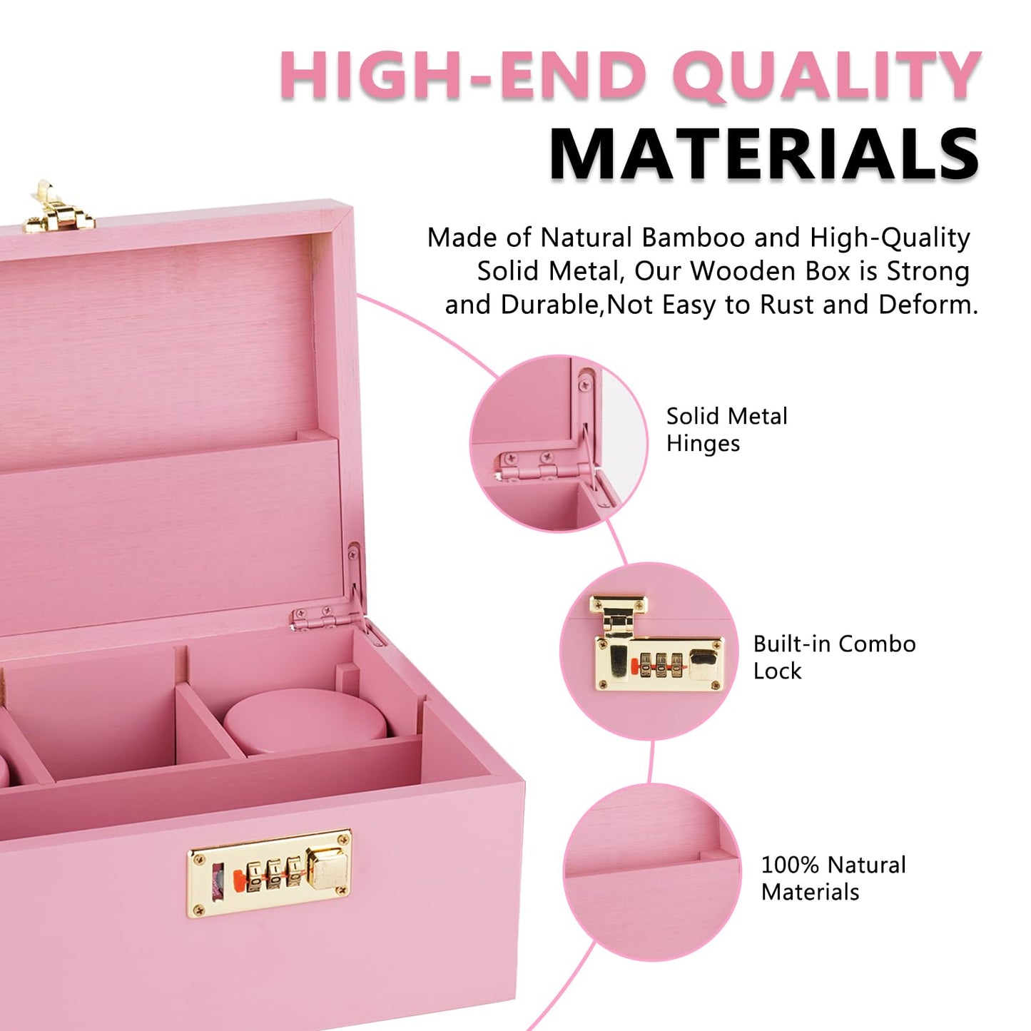 OZCHIN Large Bamboo Box with Combination Lock Decorative box for Home Great Gift Choice Storage Lockbox with Storage Jar, Gifts for Men Women (Pink, 10 x 6.9 x 5 inches)