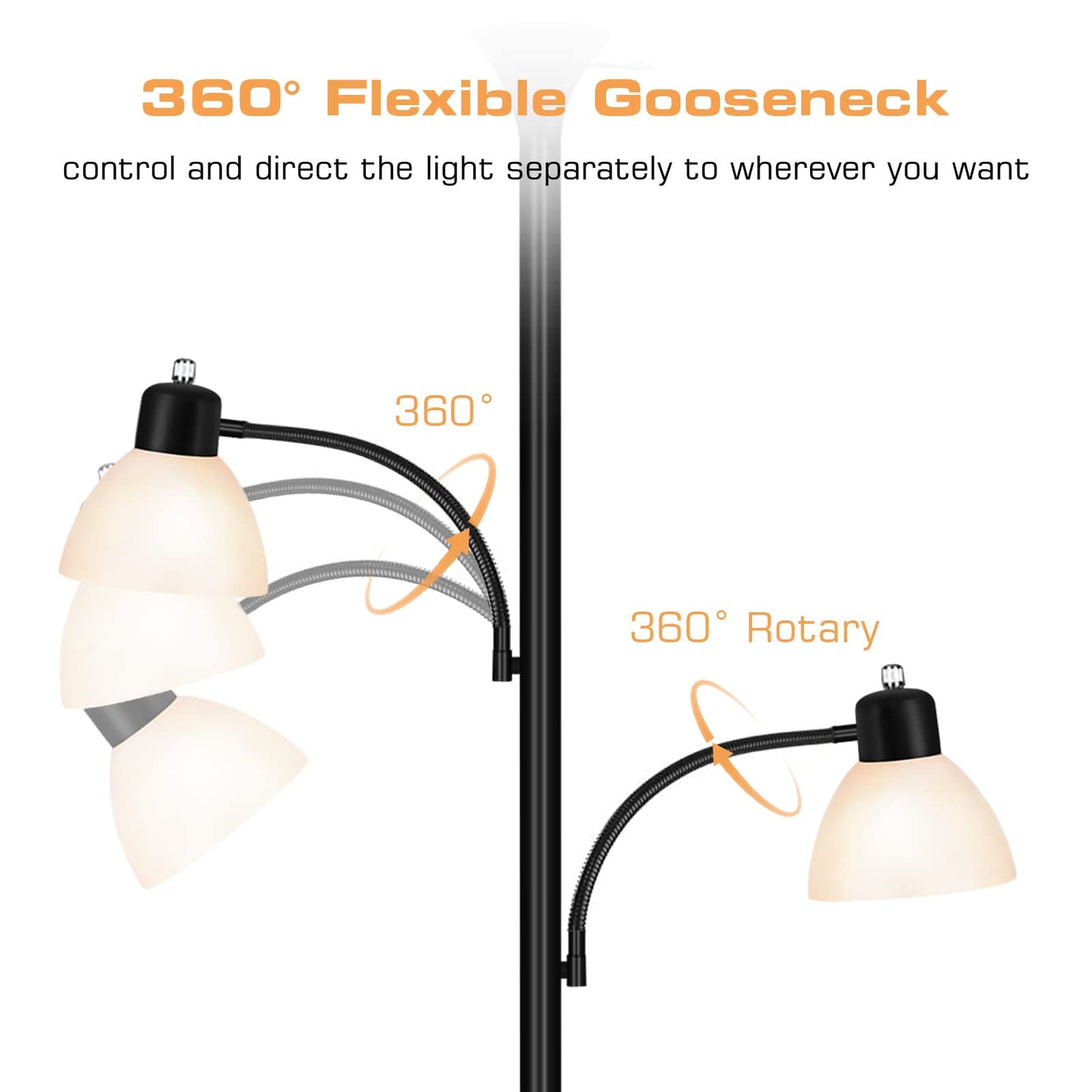 Luvkczc Floor Lamps for Living Room, 72" Tall Torchiere Floor Lamp with 8W Adjustable Reading Lights, Industrial Lamps for Living Room, Bedroom, Office, Black Tree Floor Lamp【3 Bulbs Included】