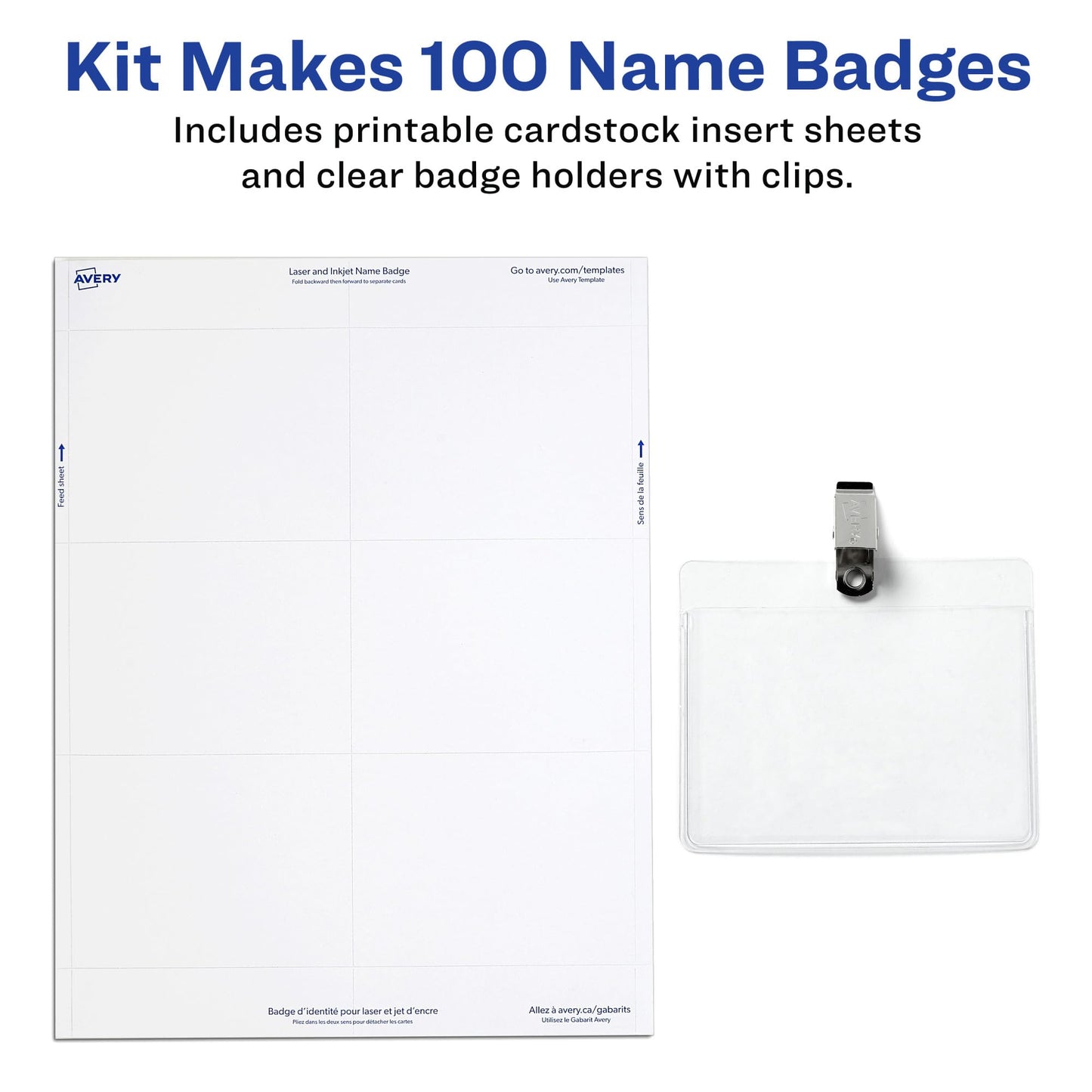 Avery Customizable Name Badges, Clip Style, 3" x 4", Clear Name Tag Holders, White Laser/Inkjet Printable Inserts, 100 Total (74541)