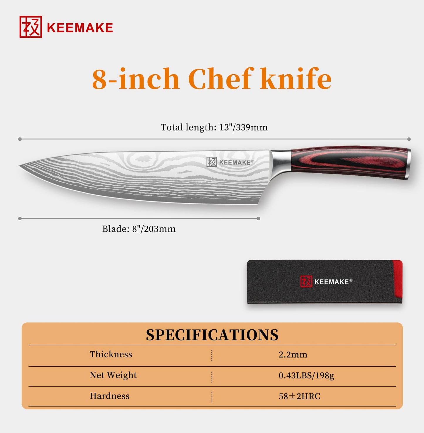 KEEMAKE Chef Knife - 8 Inch High Carbon Stainless Steel Kitchen Knife with Ergonomic Handle, Professional Kitchen Gadgets with Gift Box for Men and Women, Father Day Gifts