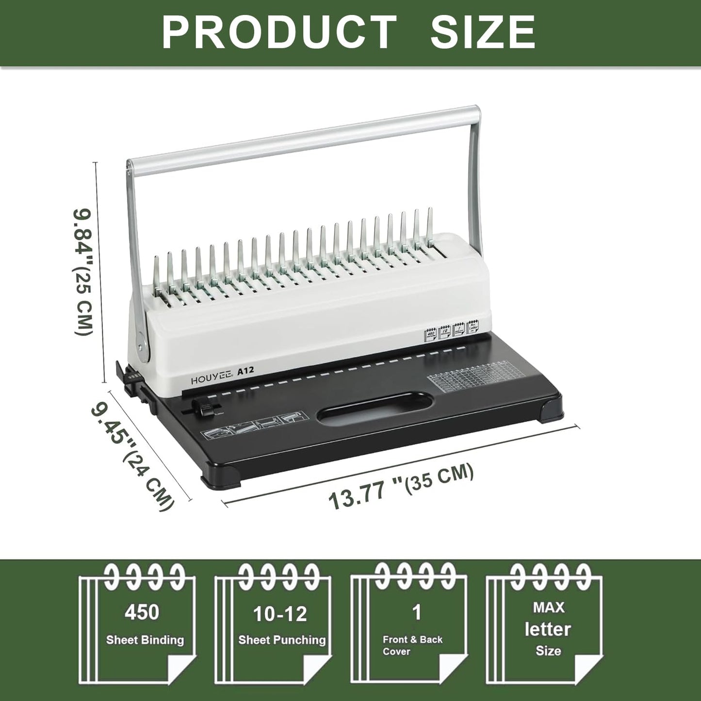 HOUYEE Binding Machine, 19 Holes, 450 Sheets, Comb Binding Machines with 50 PCS 1/2" Comb Binding Spines, Comb Binder Machine for Letter Size Paper，Adjustable Margin