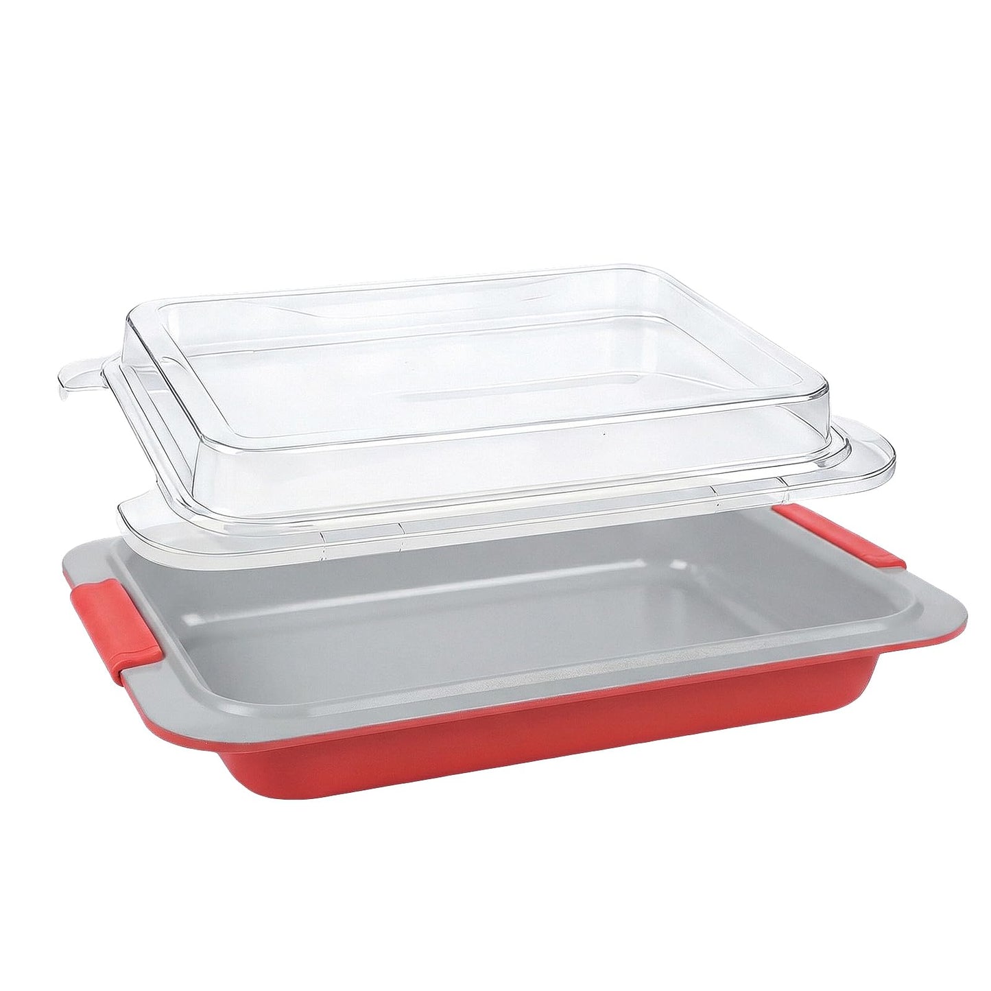 9x13 Baking Pan with Lid, Deep Nonstick Covered Cake Pan for RV & Convection Oven, Heavy Duty Warp-Resistant Pan with Silicone Handles, Snap-On Cover for Meal Prep, Storage, Transport (Coral Red)