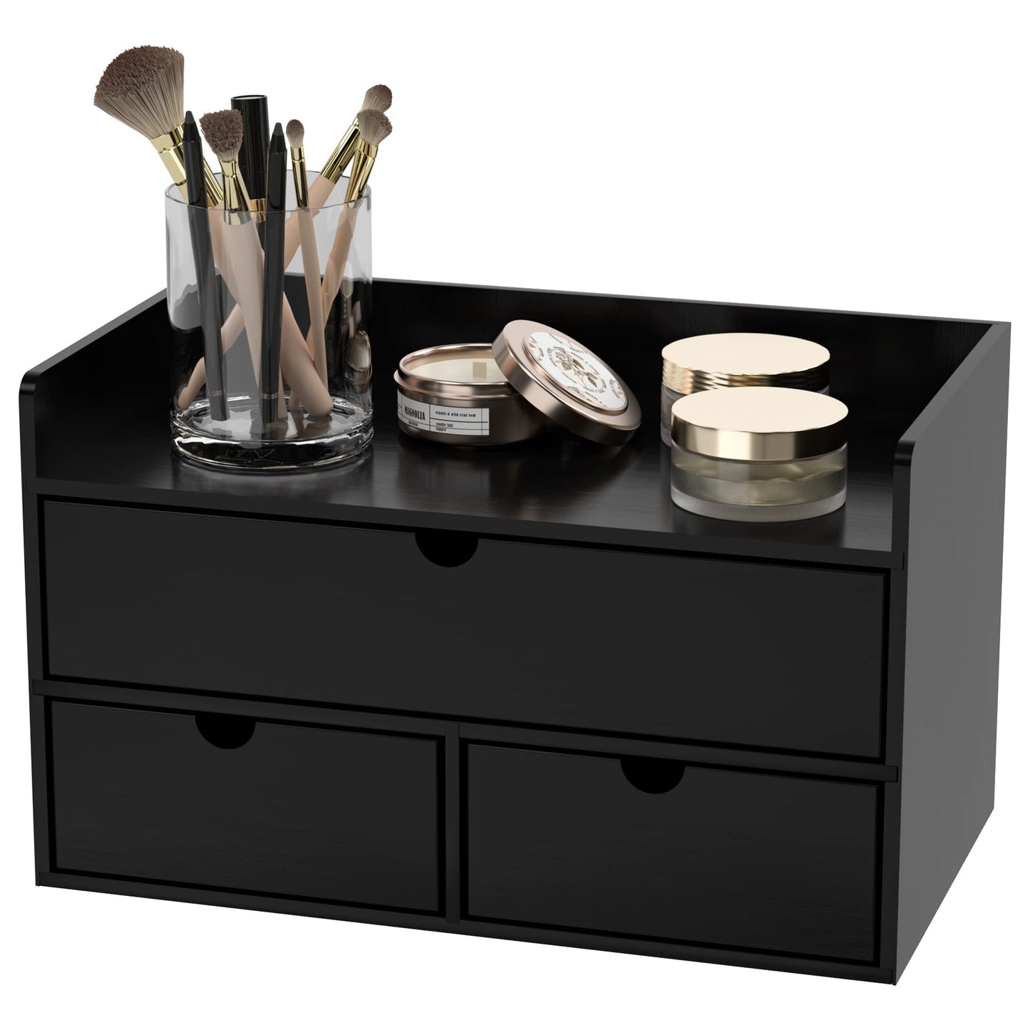 Wisuce Bamboo Desk Organizer - Mini Bamboo Desk Drawer Tabletop Cosmetic Storage Organization for Office or Home Black with Shelf