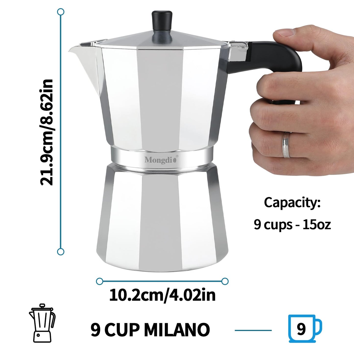 Mongdio Stovetop Espresso Maker Moka Pot, Stove Top Cuban Coffee Maker, Italian Greca Mocha Pot, 9 Espresso Cups, 15 oz - Silver