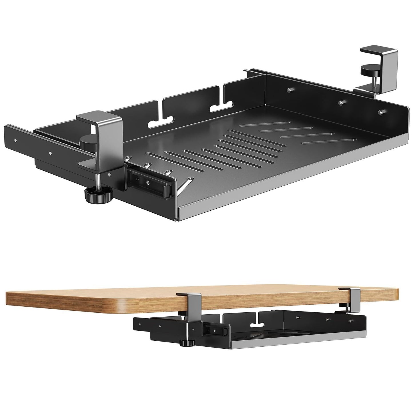 Sliding No Drill Under Desk Laptop Mount, Metal Under Desk Storage Shelf with Cable Management, Slide Out Laptop Storage Tray for MacBook, Mac Mini, Fits Office Workstations(Black with slid rail)