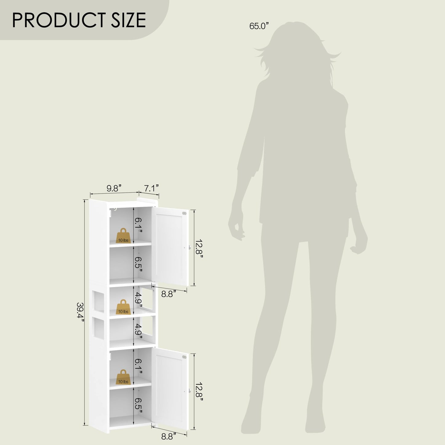 TidyHaven 39" Small Bathroom Storage Cabinet, Narrow Corner Floor Cabinet with Doors & Adjustable Shelf, Slim Skinny Design for Bathroom, Kitchen, Living Room (White)