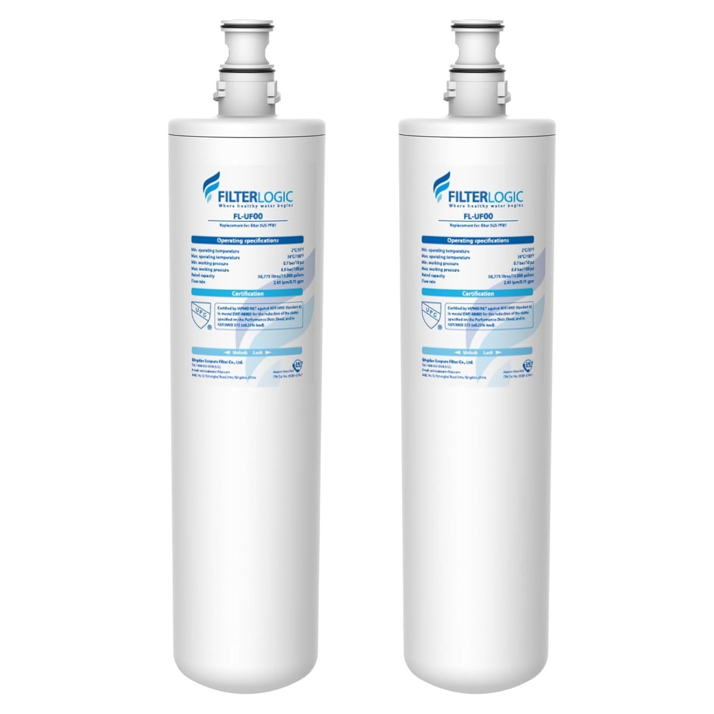 Filterlogic 3US-PF01 3US-MAX-F01 Replacement Filter, NSF/ANSI 42 Certified Replacement for Filtrete® 3US-PF01, 3US-MAX-F01H, 3US-PF01H, Delta RP78702, Manitowoc K-00337, K-00338, HF20, HF25, Pack of 2