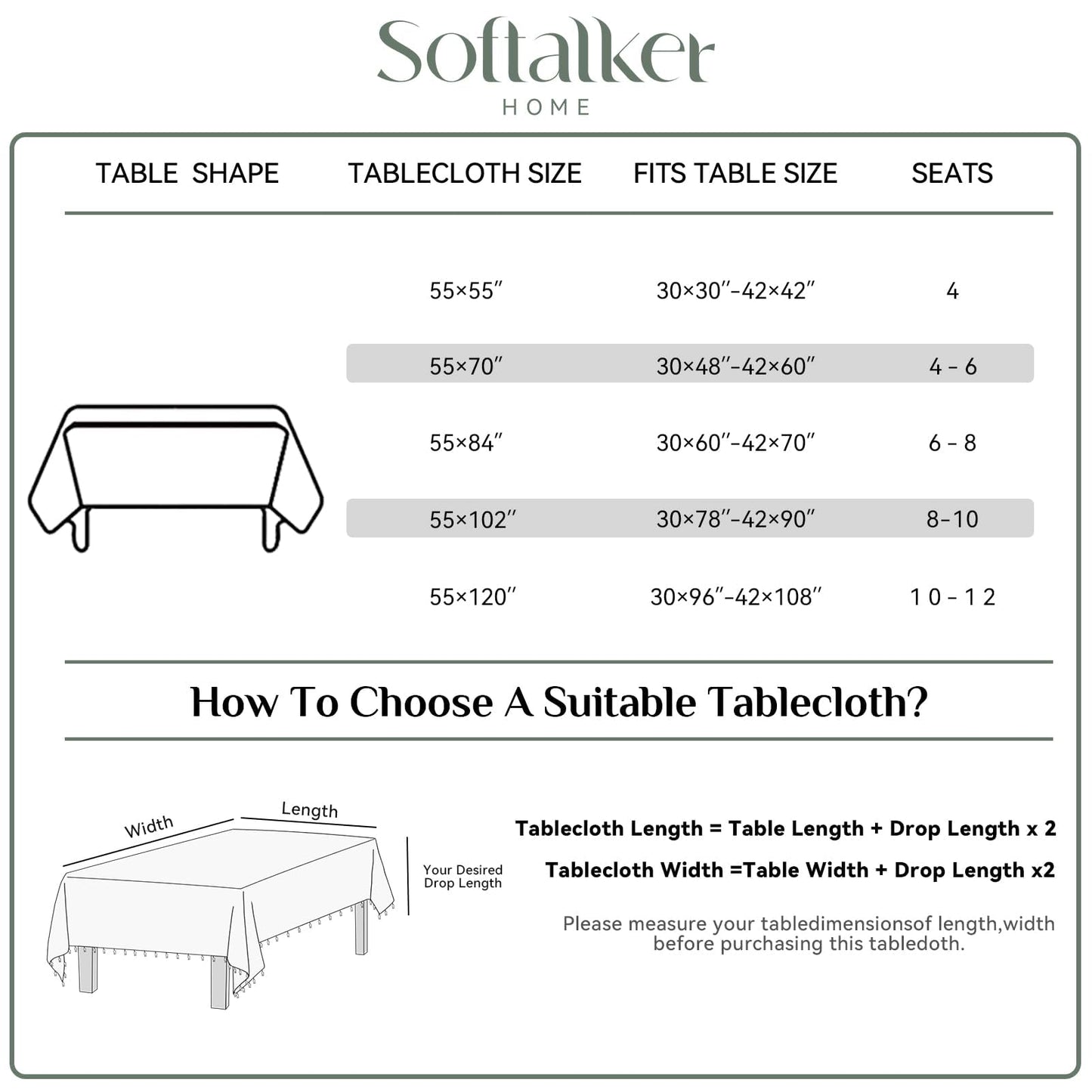 Softalker Outdoor Checkered Tablecloth Rectangle, Spring Summer Linen Cotton Gingham Table Cloth with Tassel, Heavy Duty Wrinkle Free Buffalo Plaid Table Cover for Picnic Camping - 55 x 120 Inch, Sage
