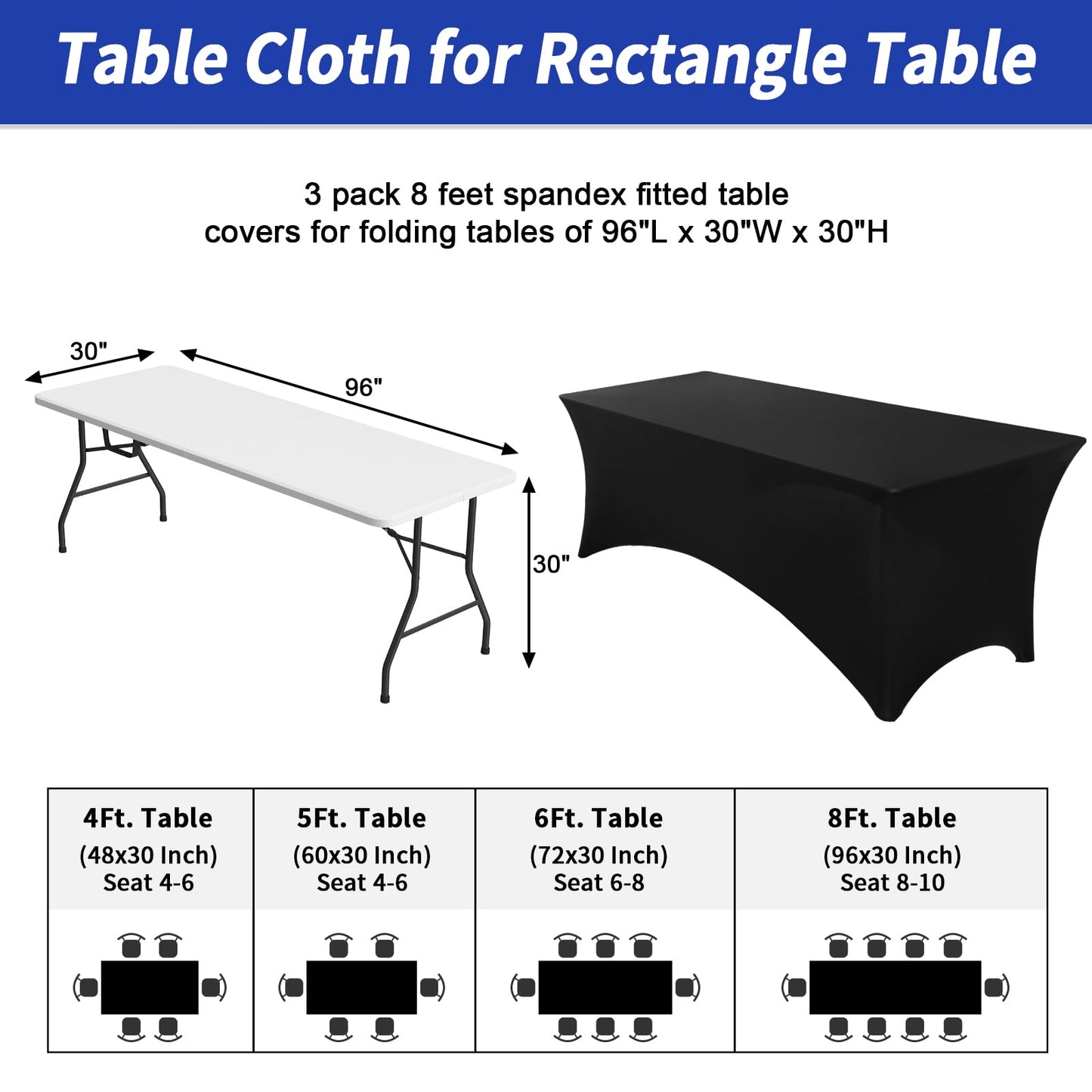 Fixwal 3 Pack Black Tablecloth Rectangle 8Ft, Stretch Spandex Fitted Table Cover for Party, Trade Show, Wedding, Buffet, Graduation, Vendor Stand