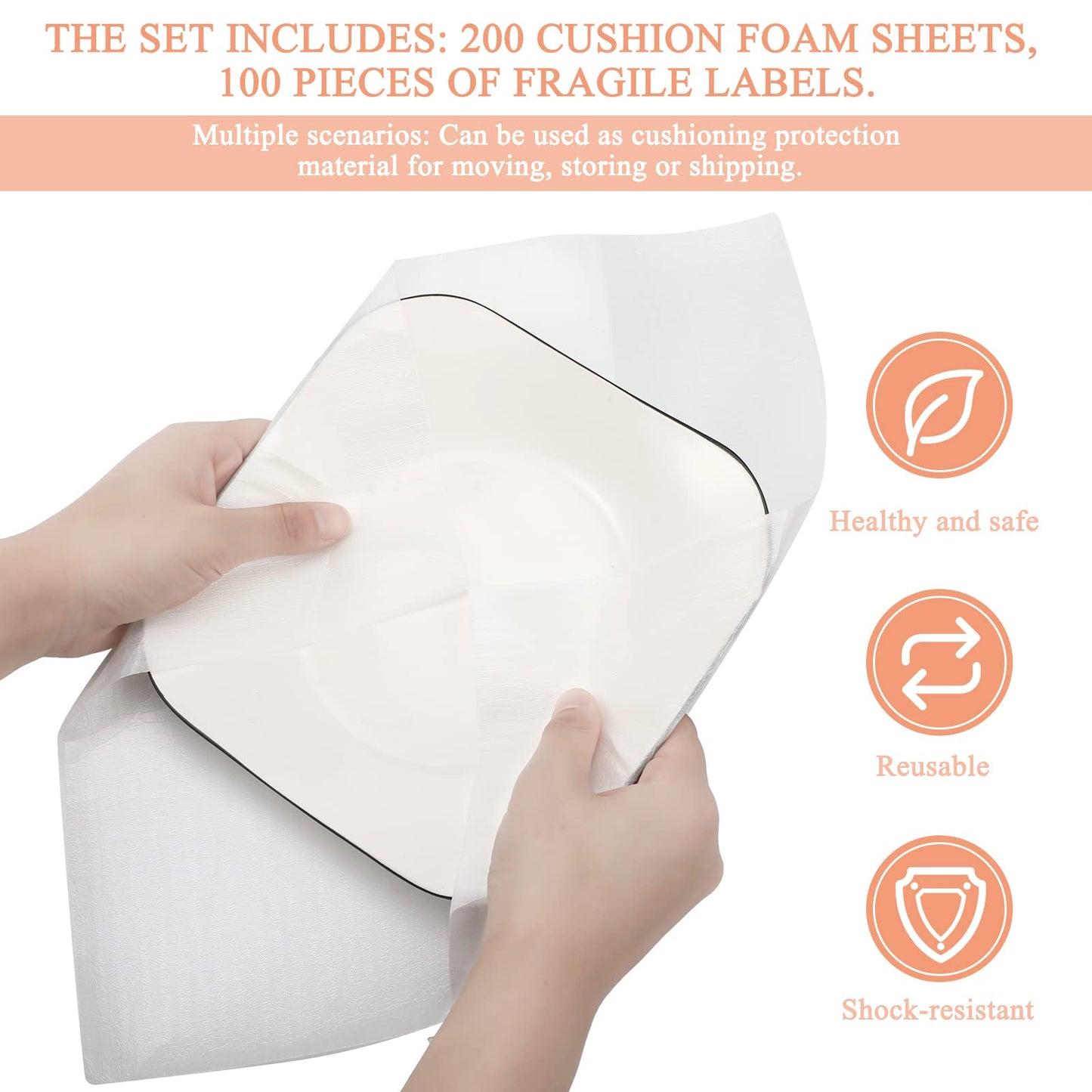 200 Pack 12 x 12 Inches Foam Sheets Cushioning Foam Sheets with 100 Pcs Fragile Labels for Moving Packing Supplies, Convenient to Use, Making Packaging and Transportation Easier, Packaging Material