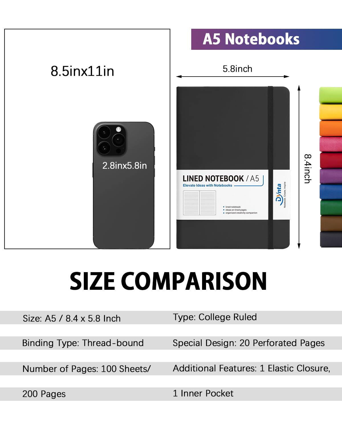 Dynta Hardcover Journals Bulk, 10 Packs A5 Lined Notebooks for Writing 200 Pages/100Sheets, 8.4 x 5.8 inch, 10 Colors Classic Ruled Notebook for Work/Note Taking/College