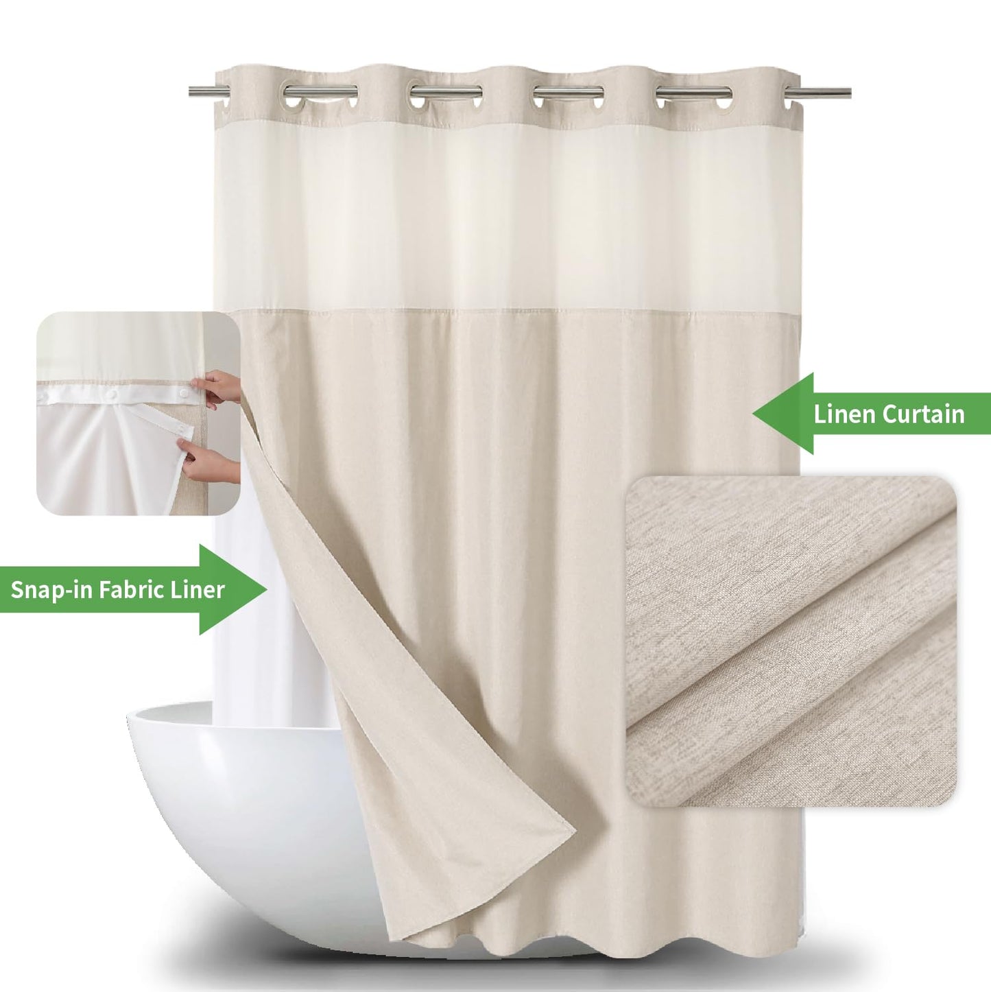 Eachope No Hooks Polyester Textured Shower Curtain with Snap-in Fabric Liner Set, Hotel Luxury Decor Shower Curtains for Bathroom with See Through Top Window, Waterproof & Washable, 71Wx74H, Cream