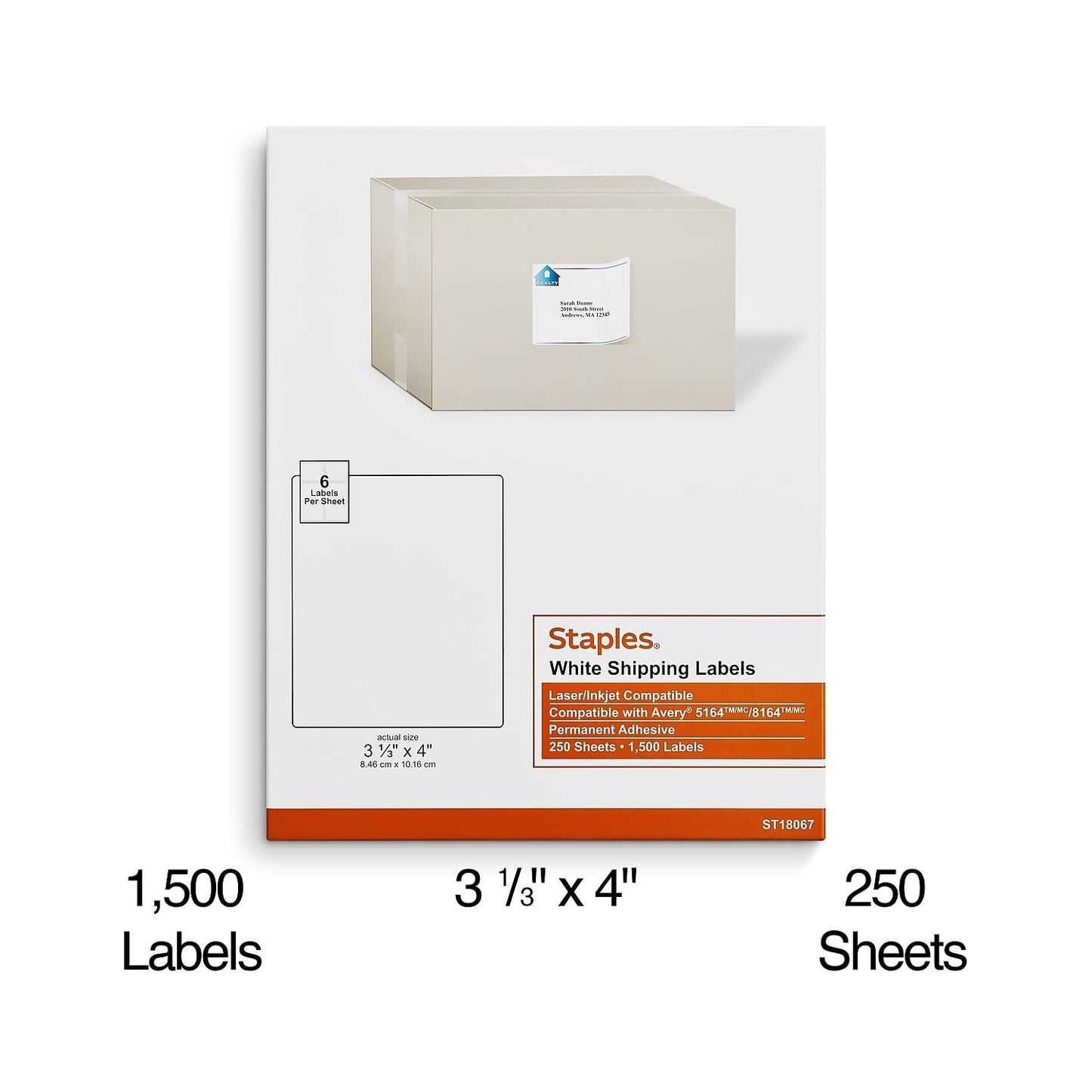 Staples 4 x 3-1/3 Shipping Labels, White – Printable Laser & Inkjet Labels, 1,500 Labels (250 Sheets)