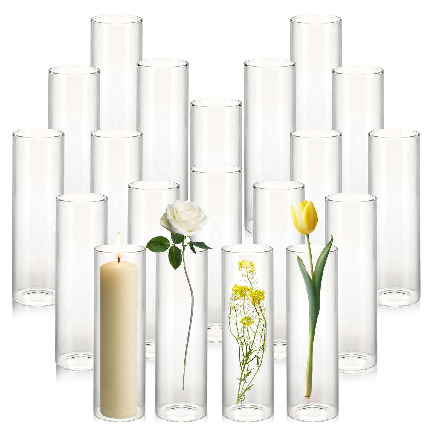 20 Pack 5.9" Tall x 1.8" Diameter Clear Glass Cylinder Vases - Multi-Use Flower Vase, Hurricane & Floating Candle Holders for Wedding Centerpieces, Home Decor, Table Displays (20)