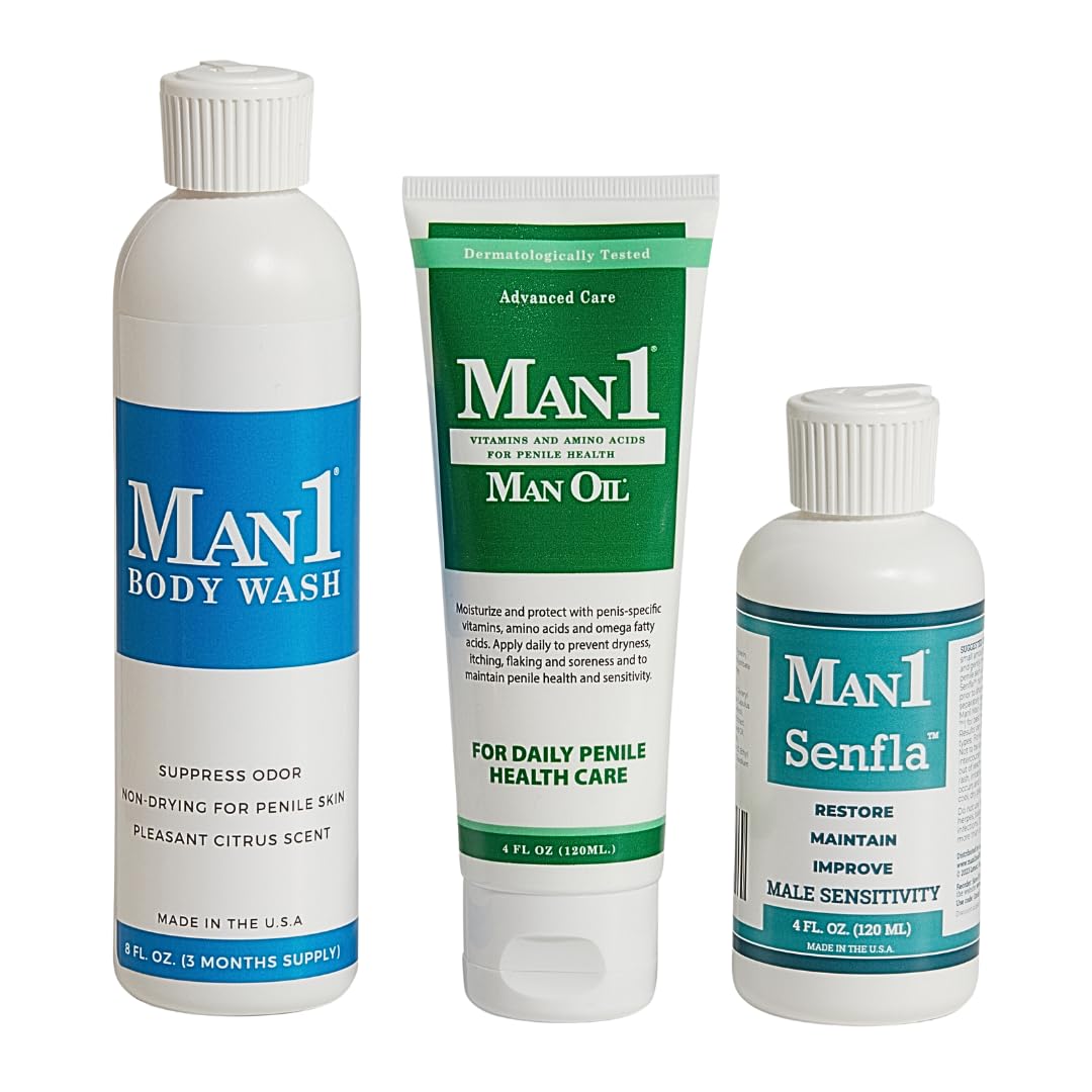 Man1 Collection: Penile Health Gift for His Anniversary, Birthday or Holiday. Give Him a Unique Present He’ll Love. Three Premium Products for Complete Penile Care: Man1 Man Oil, Senfla and Body Wash