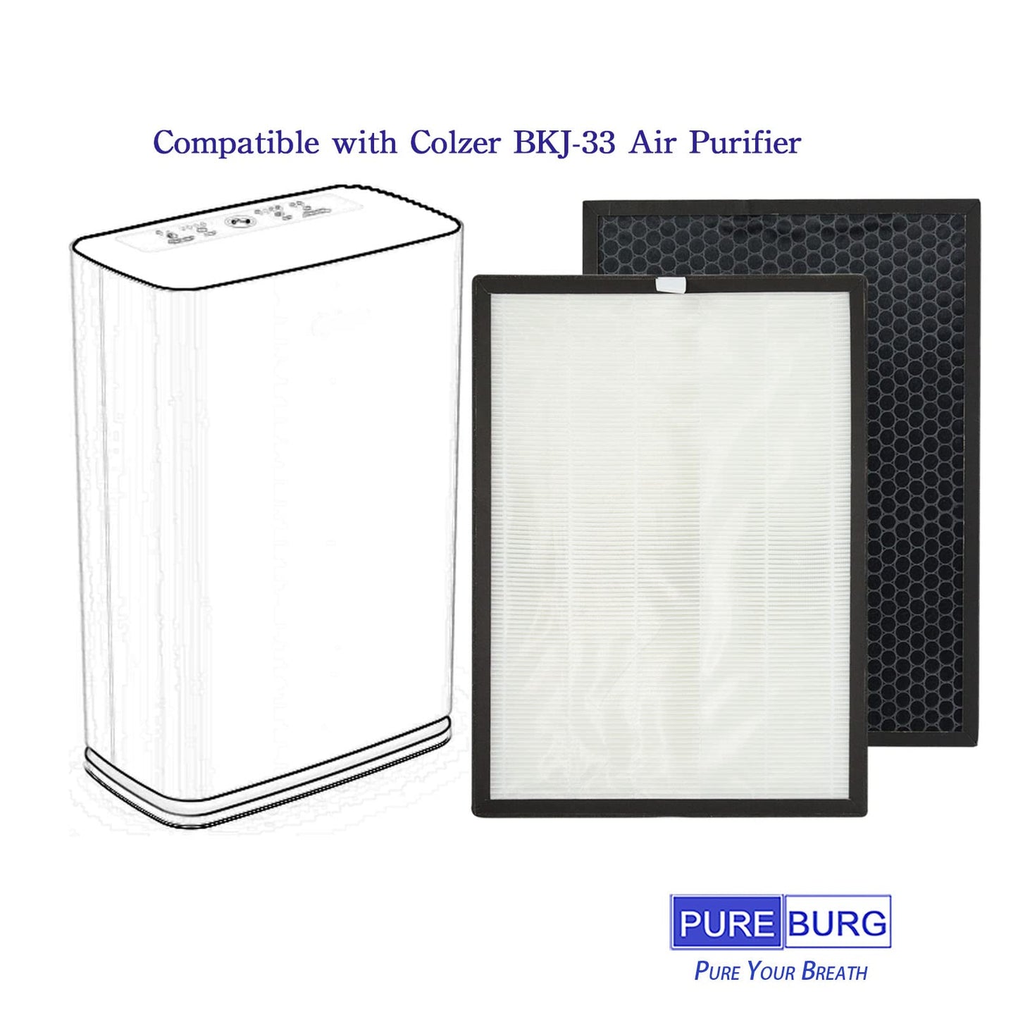 PUREBURG Replacement Filter Compatible with COLZER BKJ-33 Air Purifier, H13 True HEPA and Activated Carbon Multi-Layer Filtration, Pack of 1