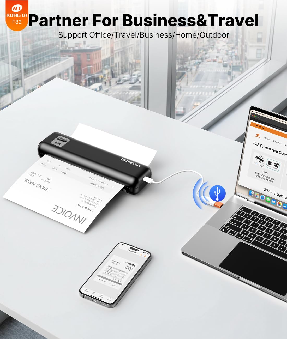 Rongta Portable Printer Wireless for Travel, F82 Inkless Bluetooth Thermal Printers, Compatible with iOS, Android, Laptop, Support 8.5"x11" US Letter&A4 for Office, Home, Car (Black)