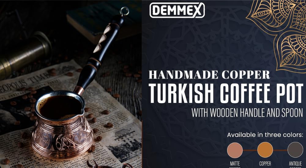 DEMMEX Copper Turkish Coffee Pot Cezve Ibrik Greek Coffee Briki Stovetop Coffee Maker with Wooden Handle & Spoon, 1mm Thick Copper, Handmade & Engraved in TURKEY, 9 fl Oz - 3 Servings