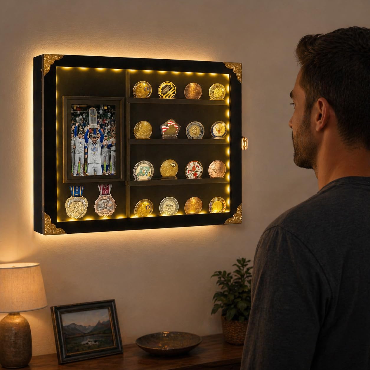 KWYADLUO Challenge Coin Display Case for Gift, Lighted Coin Medal Holder with Photo Frame & Chalkboard, Wall Mount Shadow Box with Removable Shelves, Memorial Gift for Men, Veterans, Collectors, Black