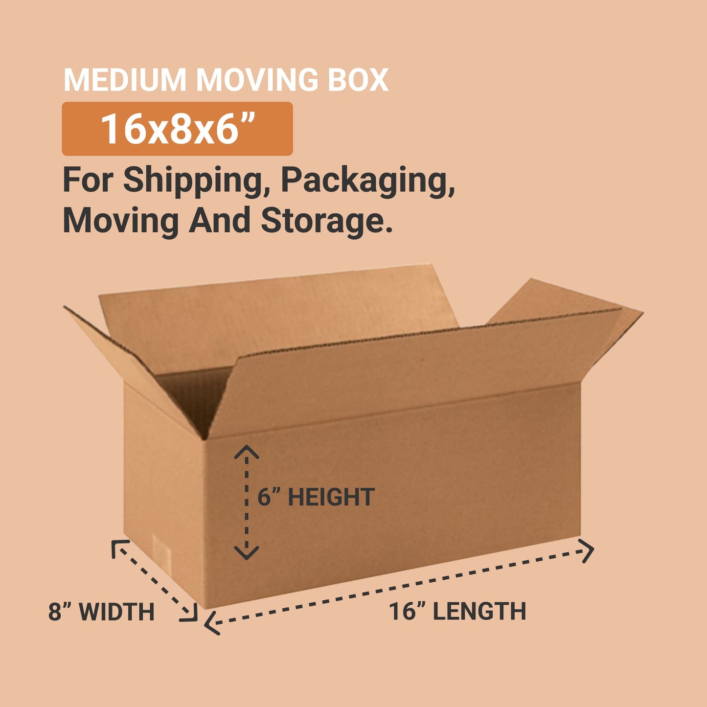 BOX USA 1686 Long Corrugated Cardboard Box 16" L x 8" W x 6" H, Kraft, For Shipping, Packing and Moving (Pack of 25)