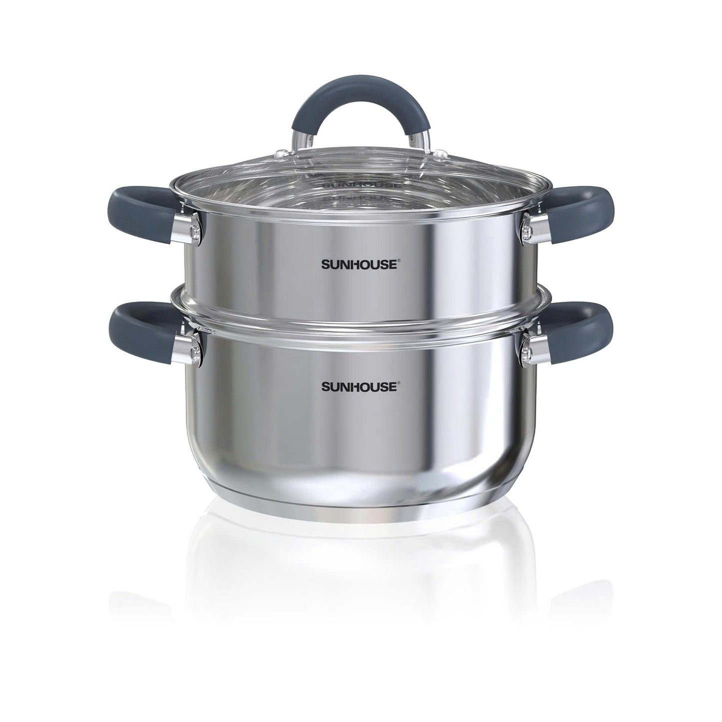 SUNHOUSE Stainless Steel Steamer Pot for Cooking - 3 QT Steaming Pot with Glass Lid & Steamer Basket - 2 Tier Tri-ply Base Vegetable Steamer with Stay-Cool Silicone Handles - Induction Compatible