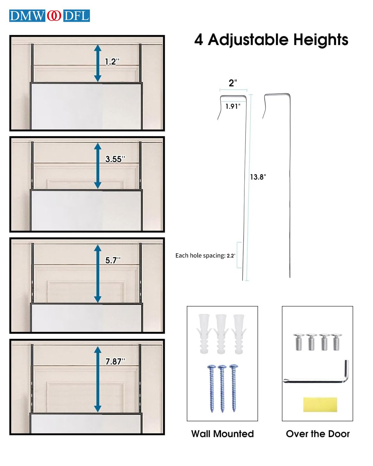 DMWOODFL 48"x14" Over-The-Door Full Length Mirror - No Drill Hanging with Metal Hooks, Shatterproof Glass & Aluminum Frame for Bathroom, Bedroom, Entryway Decor（Silver White）