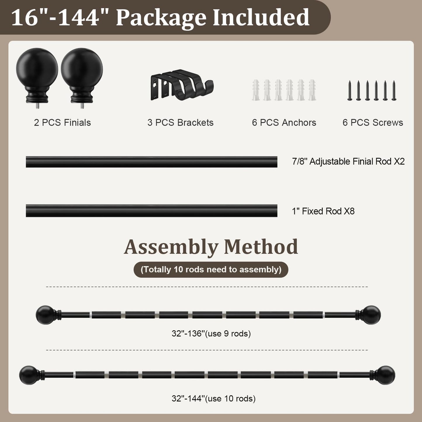 Black Curtain Rods for Windows 72 to 144 Inch 1" Diameter Heavy Duty Metal Adjustable Extra Long Blackout Traverse Window Treatment Rods with Decorative Finials Doorway Living Room Bedroom Kitchen