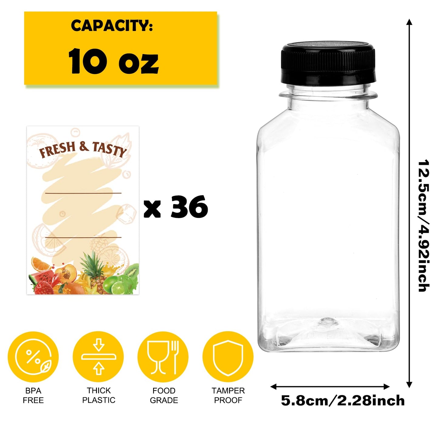 BAKHUK 36pcs 10oz Empty Plastic Juice Bottles with Caps, Reusable Clear Bulk Beverage Containers for Juice, Milk and Other Beverages