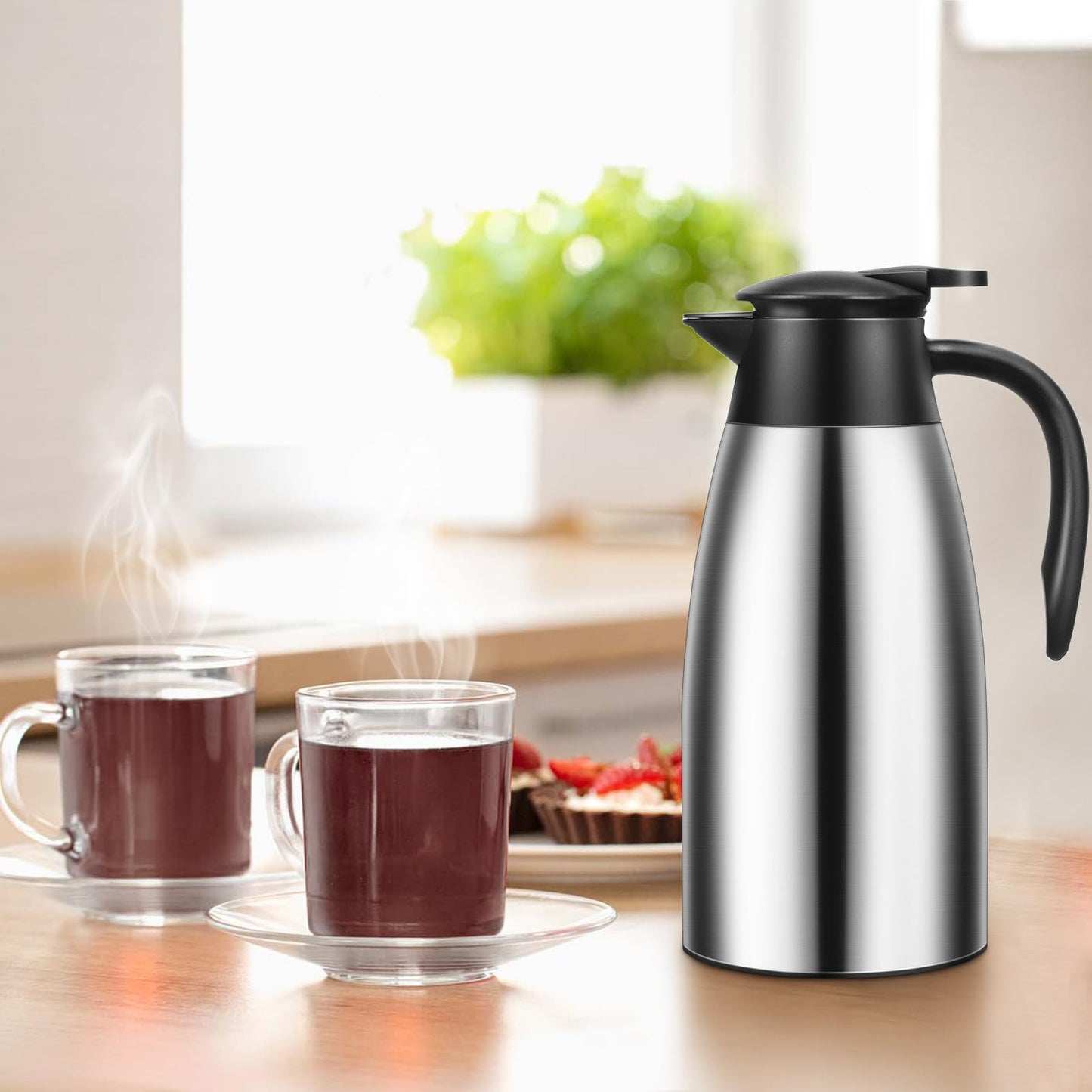 Essenya 2 PCS 68 OZ Thermal Coffee Carafe, Insulated Stainless Steel Coffee Carafe Double Walled Vacuum Thermal Pot Flask with Brushes for Keeping Hot Coffee Tea Home and Office (Silver)