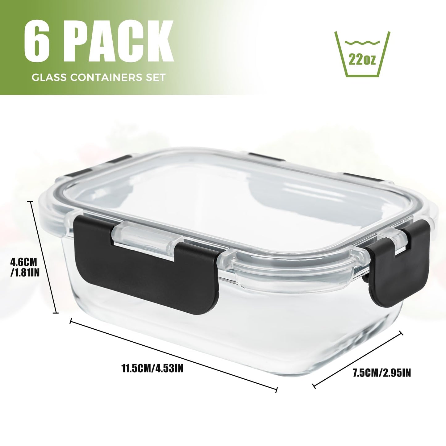 Hoenjuno Glass Food Storage Containers with Lids Set of 6, 22 OZ Glass Meal Prep Containers for Lunch, Microwave, Oven, Freezer & Dishwasher Safe, BPA-Free