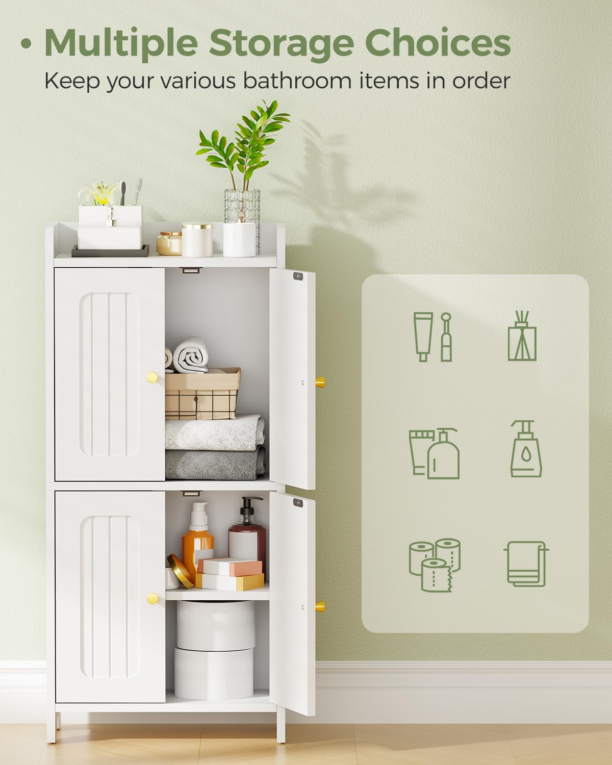 BEWISHOME Small Floor Cabinet, Toilet Paper Storage, Bathroom Storage Cabinet with 4 Doors and Shelves, Bathroom Organizers and Storage for Small Spaces, White 7.9" D x 14.6" W x 31" H YYG11W