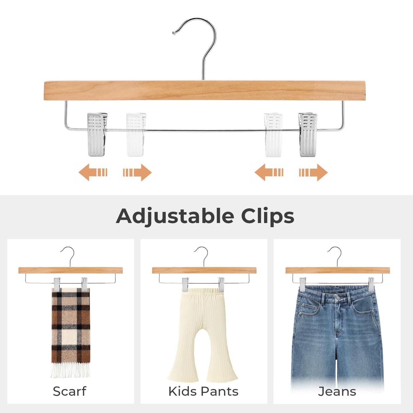 HOUSE DAY Premium Wooden Pants Hangers 25 Pack, Solid Lotus Wood Skirt Hangers with 2-Adjustable Clips, Heavy Duty & Anti Slip Wood Bottom Hanger for Slacks, Jeans, Trousers, Shorts (Natural)